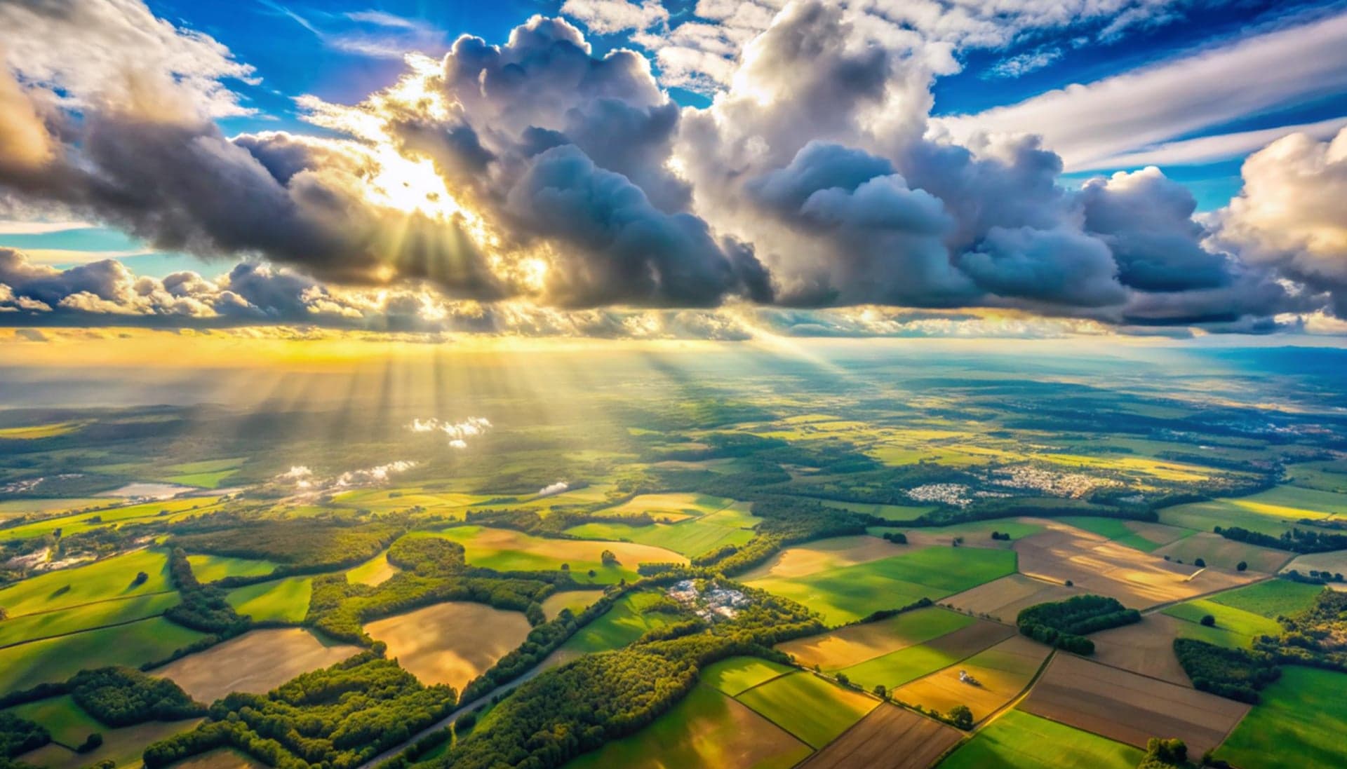 Scenic aerial view with sunlight through clouds